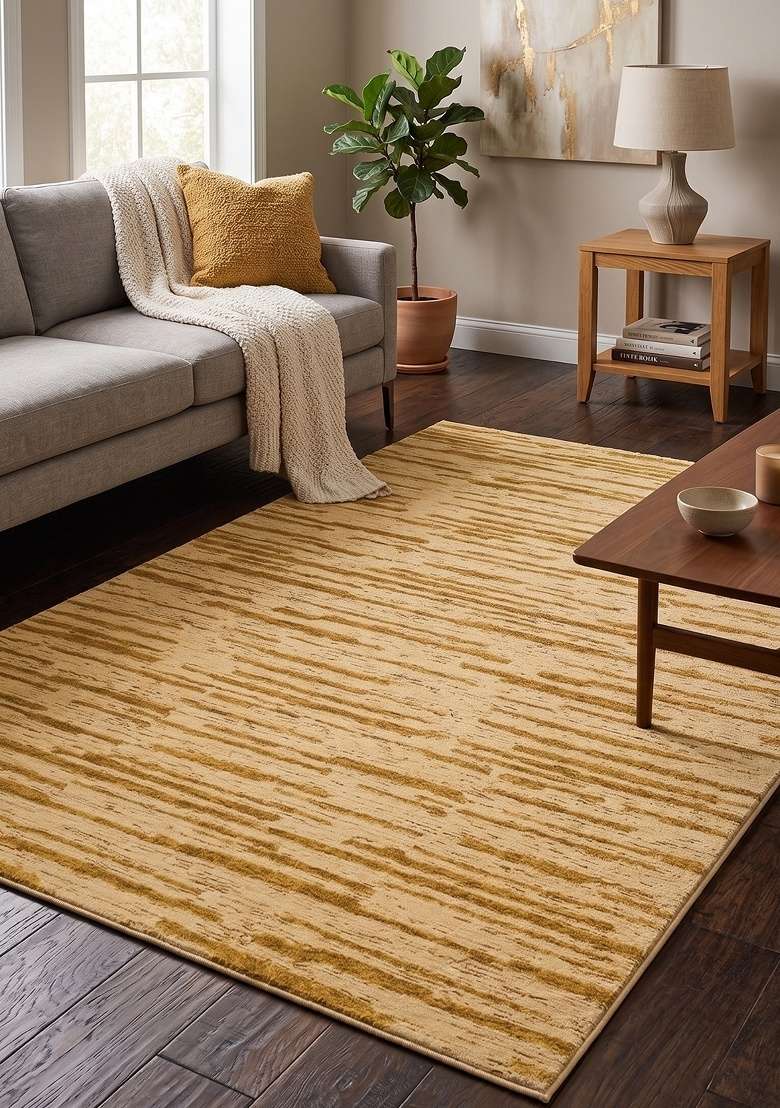 Saffron Rugs Hand-Tufted 100% Wool Area Rug | Golden Beige Rectangular Rug | Cotton Backing | Contemporary Striped Home Decor Carpet for Living Room - Indya