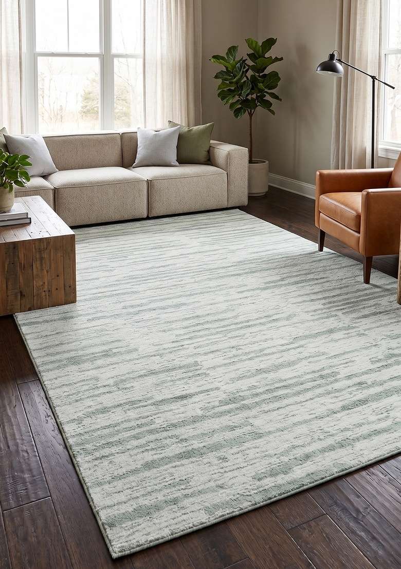 Saffron Rugs Hand-Tufted 100% Wool Area Rug | Sage Green Grey Rectangular Rug | Cotton Backing | Contemporary Striped Home Decor Carpet for Living Room - Indya