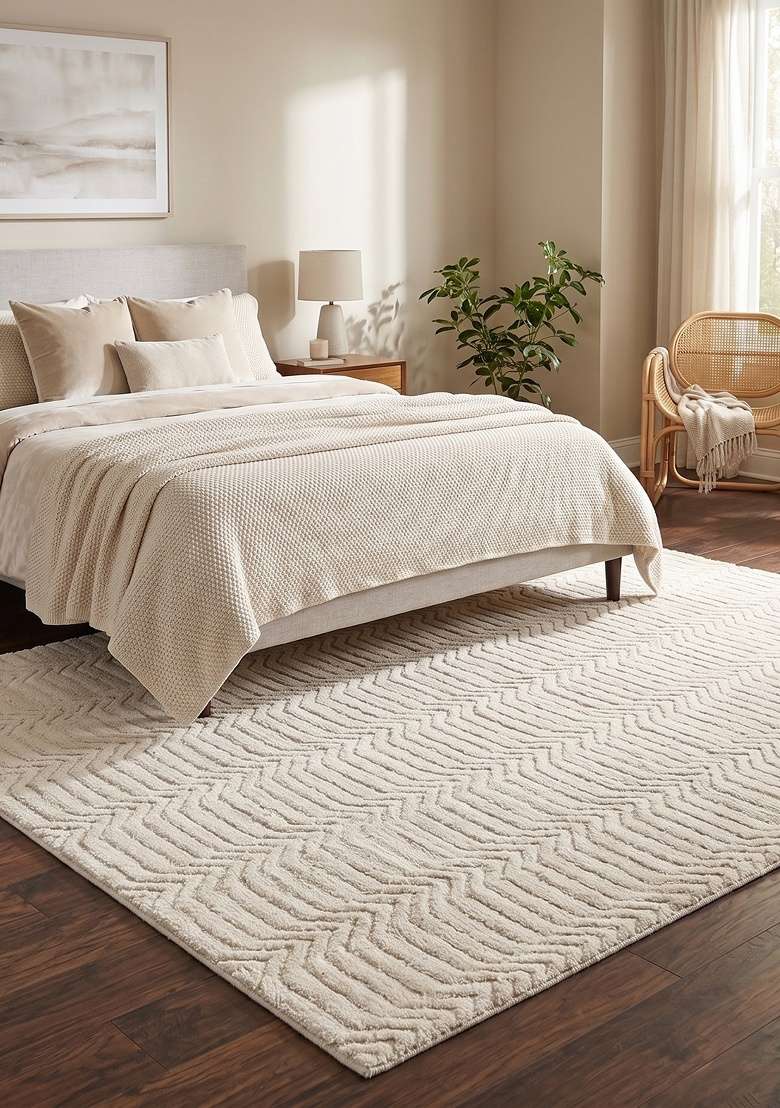 Saffron Rugs Hand-Tufted 100% Wool Area Rug | Ivory Cream Rectangular Rug | Cotton Backing | Contemporary Chevron Home Decor Carpet for Living Room - Indya