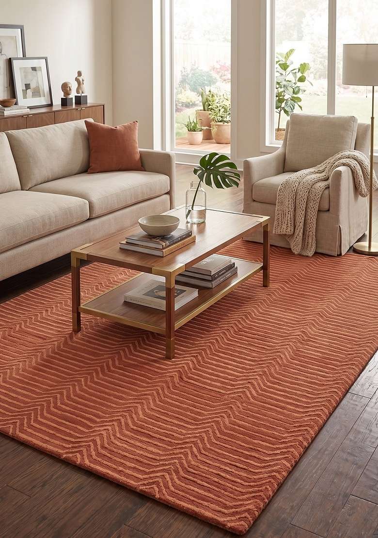 Saffron Rugs Hand-Tufted 100% Wool Area Rug | Terracotta Rectangular Rug | Cotton Backing | Contemporary Chevron Home Decor Carpet for Living Room - Indya
