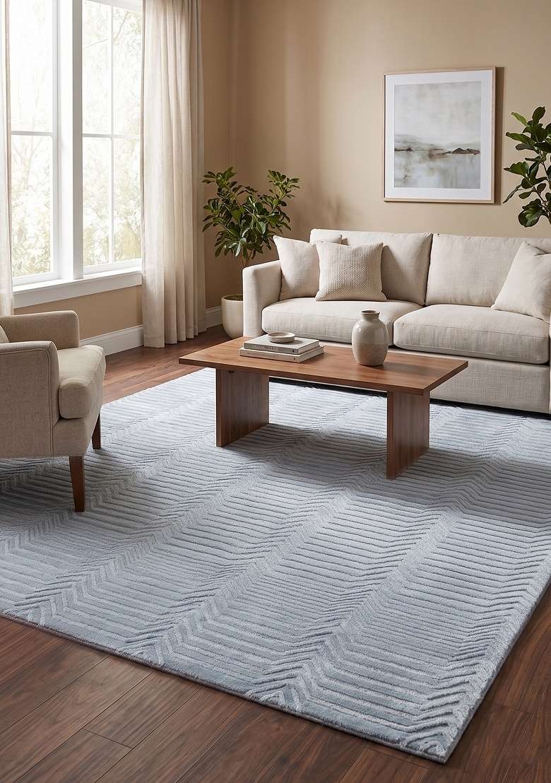 Saffron Rugs Hand-Tufted 100% Wool Area Rug | Steel Blue Rectangular Rug | Cotton Backing | Contemporary Chevron Home Decor Carpet for Living Room - Indya
