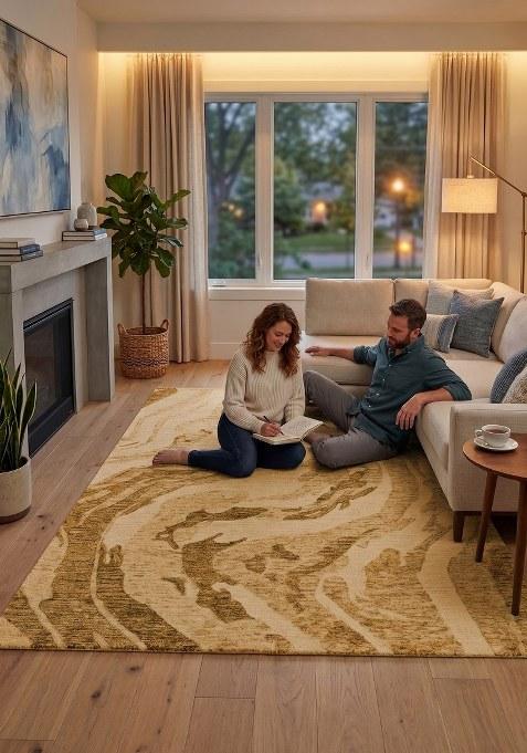 Saffron Rugs Hand Tufted Golden Beige Marble Contemporary Rectangular Wool Area Rug