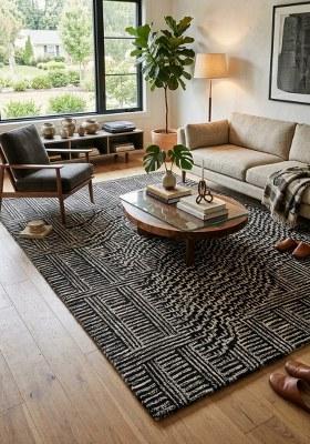 Saffron Rugs Hand Tufted Charcoal Grey Geometric Contemporary Rectangular Wool Area Rug