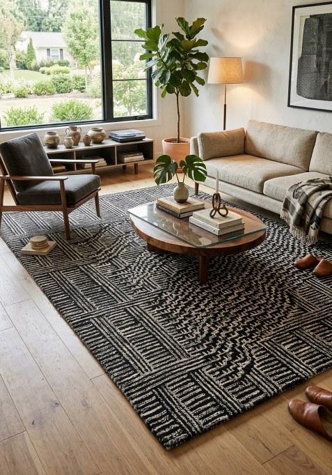 Saffron Rugs Hand Tufted Charcoal Grey Geometric Contemporary Rectangular Wool Area Rug