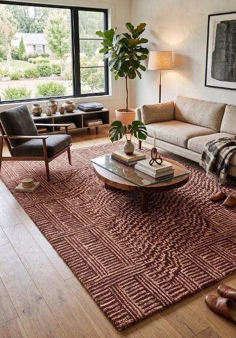 Saffron Rugs Hand Tufted Terracotta Geometric Contemporary Rectangular Wool Area Rug