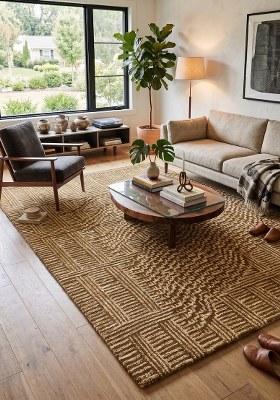Saffron Rugs Hand Tufted Tan Geometric Contemporary Rectangular Wool Area Rug