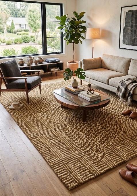 Saffron Rugs Hand Tufted Tan Geometric Contemporary Rectangular Wool Area Rug