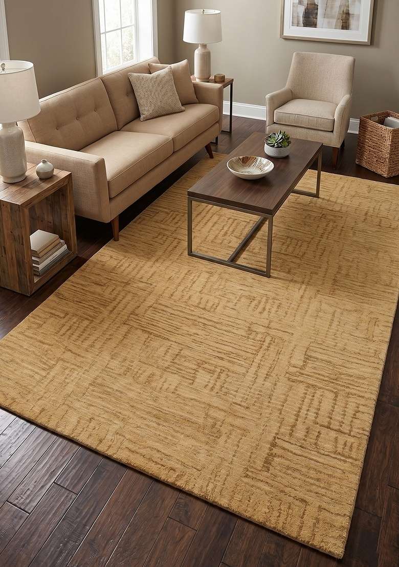 Saffron Rugs Hand-Tufted 100% Wool Area Rug | Golden Tan Rectangular Rug | Cotton Backing | Contemporary Geometric Home Decor Carpet for Living Room - Indya