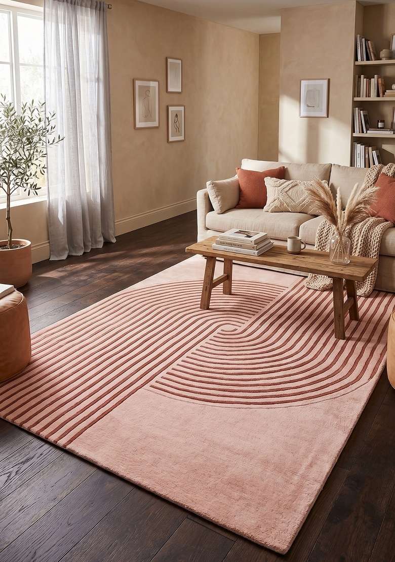 Saffron Rugs Hand-Tufted 100% Wool Area Rug | Blush Pink Rectangular Rug | Cotton Backing | Contemporary Geometric Home Decor Carpet for Bedroom - Indya