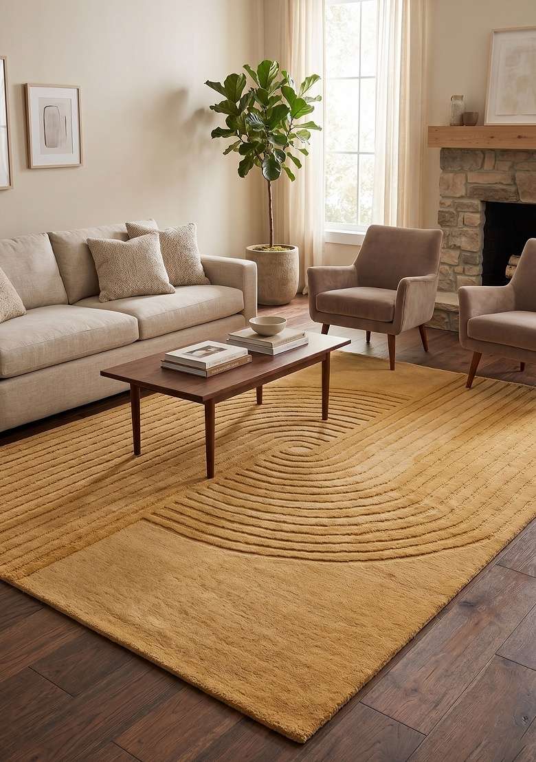 Saffron Rugs Hand-Tufted 100% Wool Area Rug | Golden Yellow Rectangular Rug | Cotton Backing | Contemporary Geometric Home Decor Carpet for Bedroom - Indya