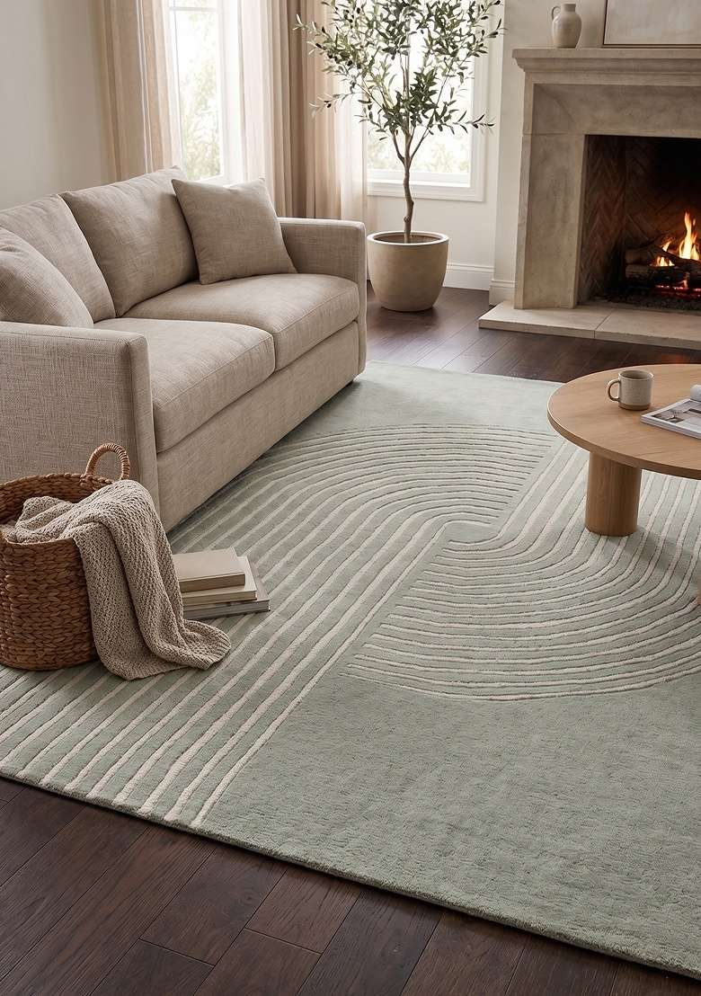 Saffron Rugs Hand-Tufted 100% Wool Area Rug | Sage Green Rectangular Rug | Cotton Backing | Contemporary Geometric Home Decor Carpet for Bedroom - Indya