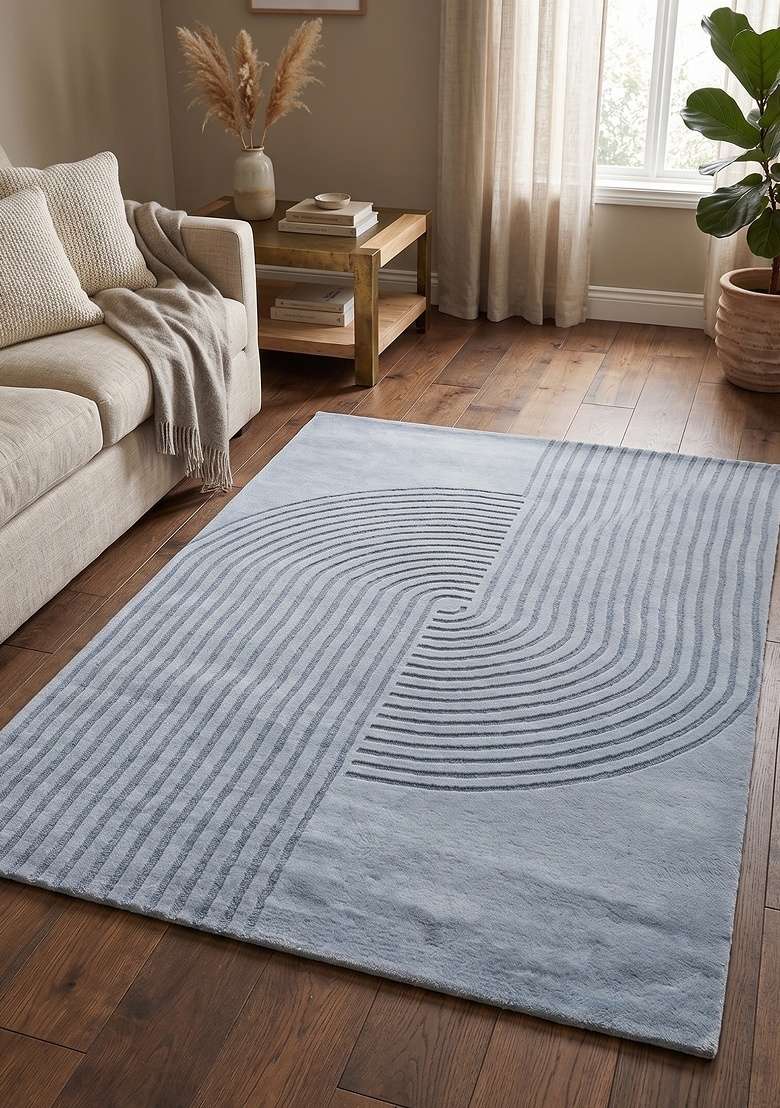 Saffron Rugs Hand-Tufted 100% Wool Area Rug | Light Steel Blue Rectangular Rug | Cotton Backing | Contemporary Geometric Home Decor Carpet for Bedroom - Indya