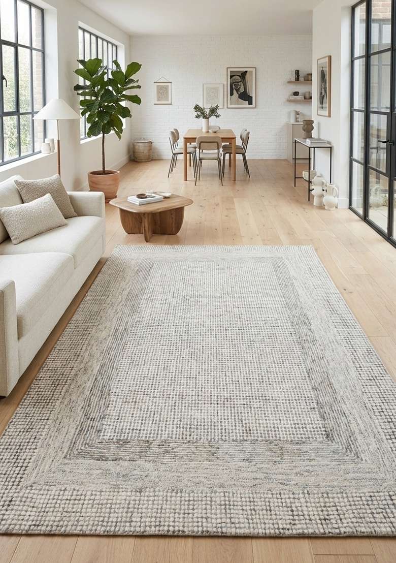 Saffron Rugs Hand-Tufted 100% Wool Area Rug | Ivory Grey Rectangular Rug | Cotton Backing | Transitional Geometric Home Decor Carpet for Living Room - Indya