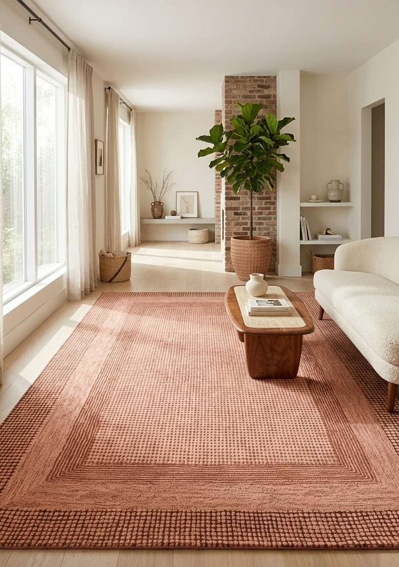 Saffron Rugs Hand-Tufted 100% Wool Area Rug | Terracotta Rectangular Rug | Cotton Backing | Transitional Geometric Home Decor Carpet for Living Room - Indya