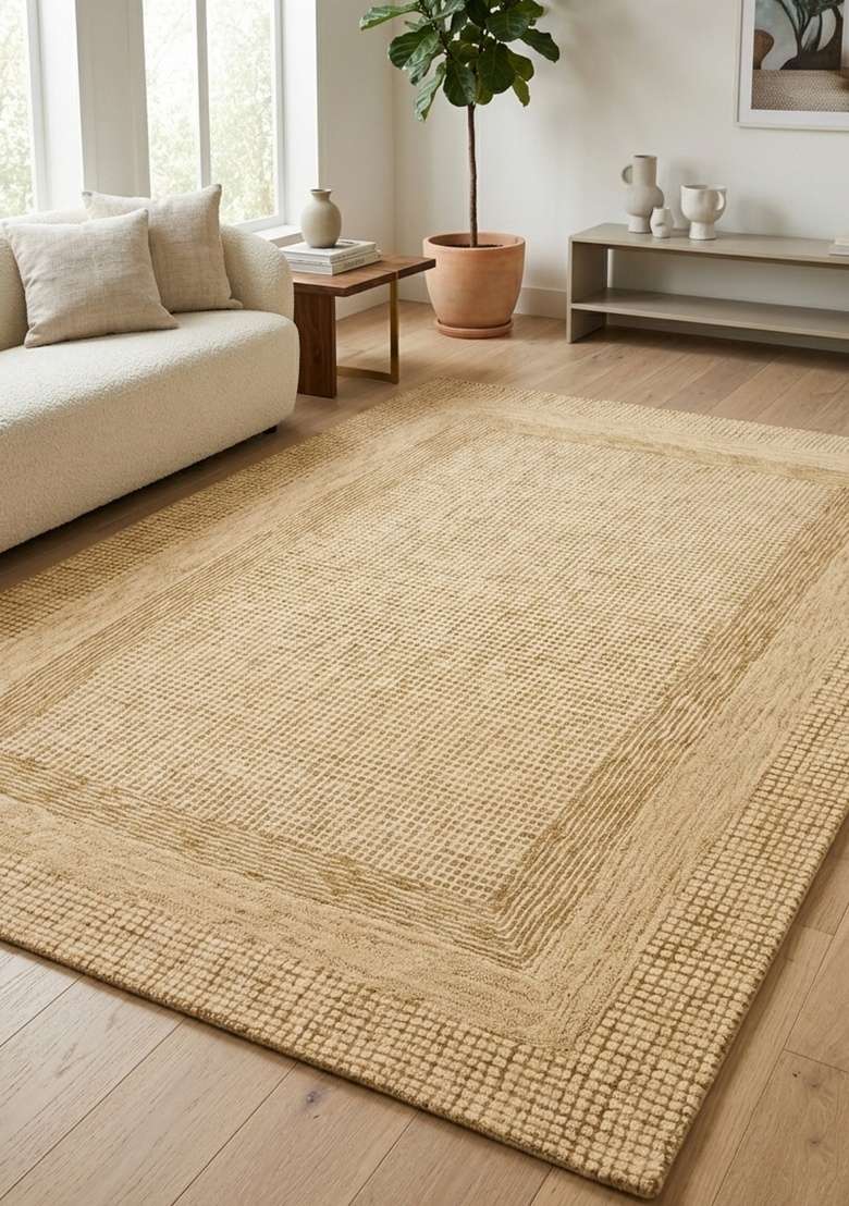 Saffron Rugs Hand-Tufted 100% Wool Area Rug | Natural Tan Beige Rectangular Rug | Cotton Backing | Transitional Geometric Home Decor Carpet for Living Room - Indya