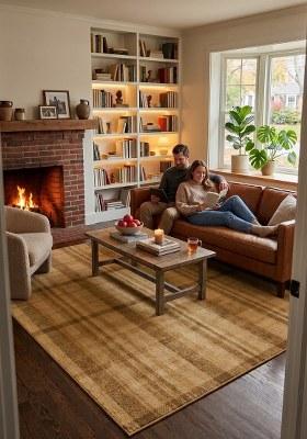 Saffron Rugs Hand Tufted Gold Plaid Transitional Rectangular Wool Area Rug