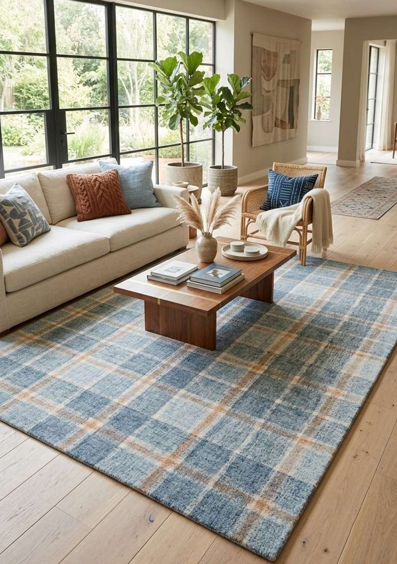 Saffron Rugs Hand-Tufted 100% Wool Area Rug | Steel Blue Rectangular Rug | Cotton Backing | Casual Plaid Home Decor Carpet for Living Room - Indya