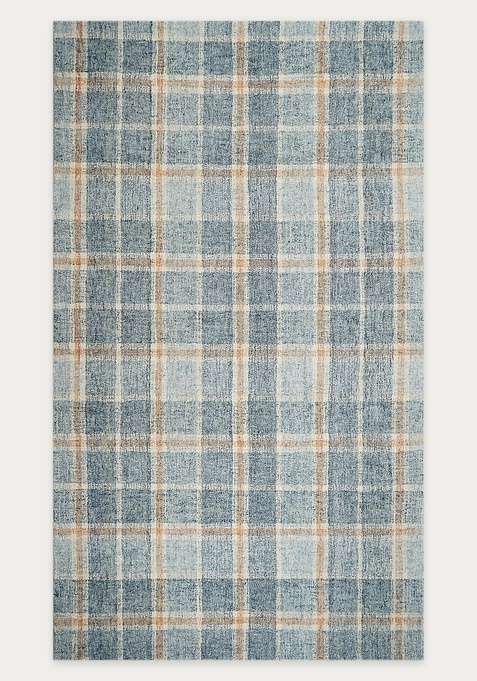 100% Wool Handmade Steel Blue Rug | Casual Plaid Carpet With Cotton Backing For Living Room