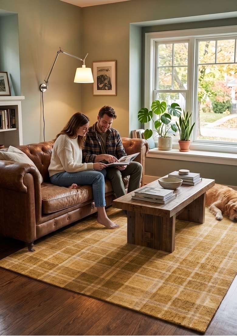 Saffron Rugs Hand-Tufted 100% Wool Area Rug | Golden Yellow Rectangular Rug | Cotton Backing | Casual Plaid Home Decor Carpet for Living Room - Indya