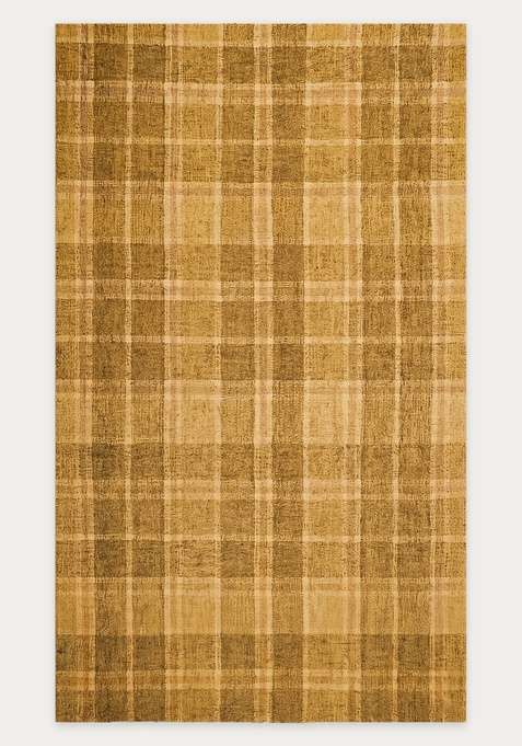 100% Wool Handmade Golden Yellow Rug | Casual Plaid Carpet With Cotton Backing For Living Room
