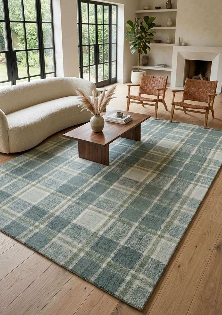 Saffron Rugs Hand-Tufted 100% Wool Area Rug | Sage Green Rectangular Rug | Cotton Backing | Casual Plaid Home Decor Carpet for Living Room - Indya