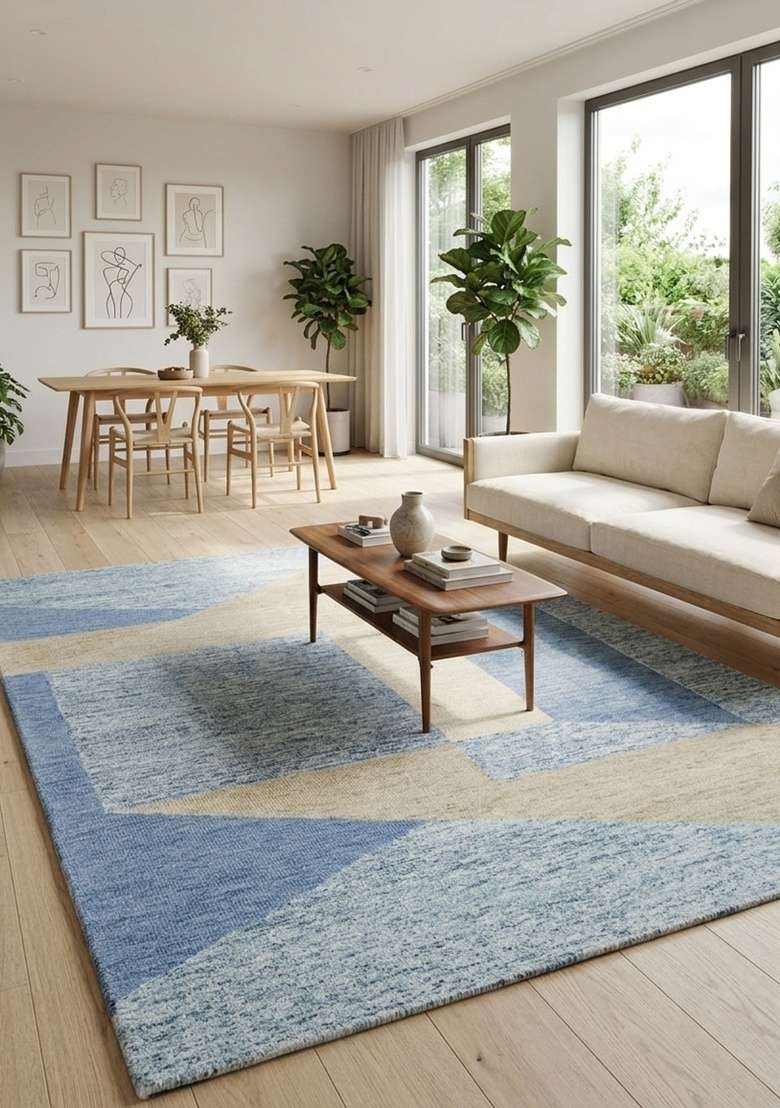 Saffron Rugs Hand-Tufted 100% Wool Area Rug | Light Blue Rectangular Rug | Cotton Backing | Scandinavian Geometric Home Decor Carpet for Living Room - Indya
