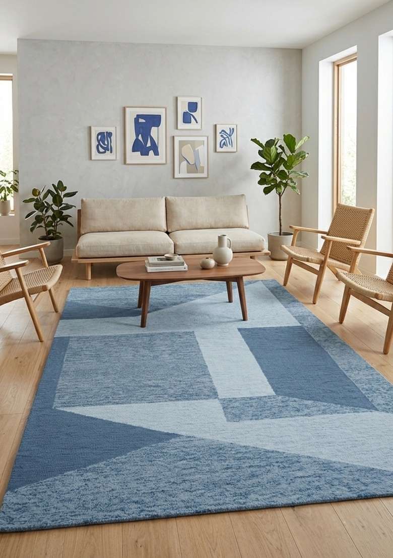 Saffron Rugs Hand-Tufted 100% Wool Area Rug | Steel Blue Rectangular Rug | Cotton Backing | Scandinavian Geometric Home Decor Carpet for Living Room - Indya