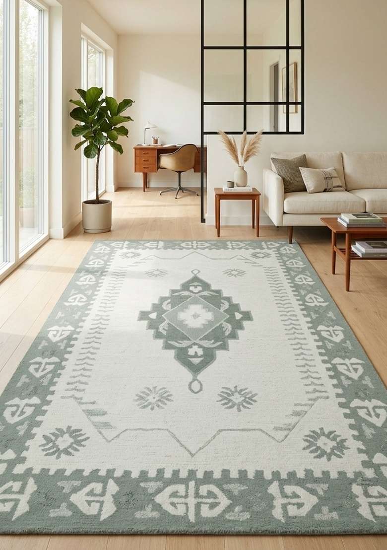 Saffron Rugs Hand-Tufted 100% Wool Area Rug | Sage Green Rectangular Rug | Cotton Backing | Transitional Geometric Home Decor Carpet for Living Room - Indya