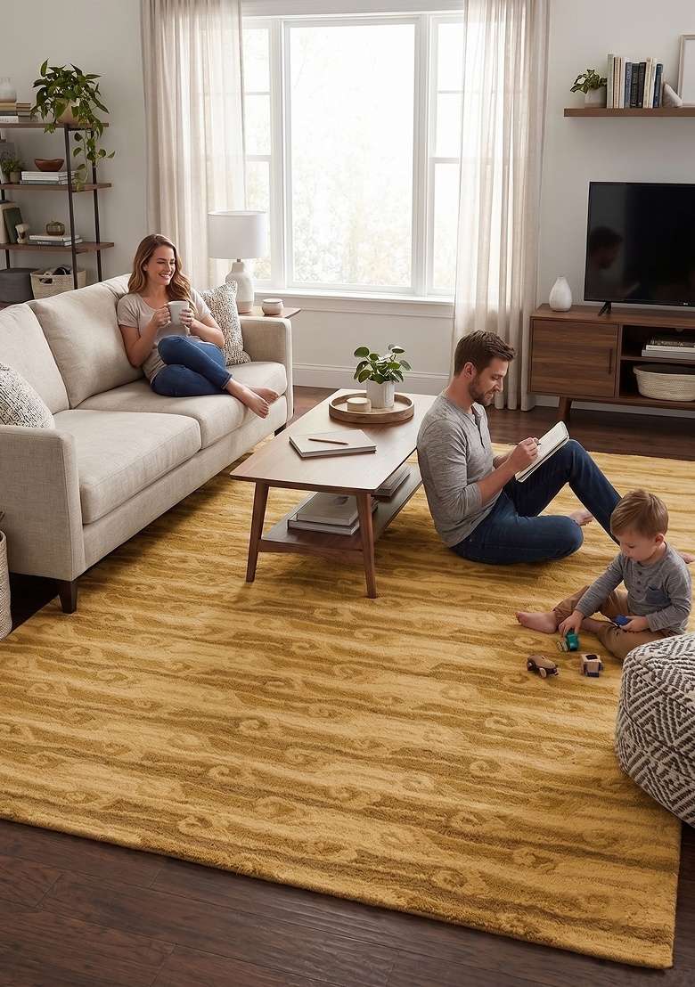 Saffron Rugs Hand-Tufted 100% Wool Area Rug | Golden Beige Rectangular Rug | Cotton Backing | Transitional Swirls Home Decor Carpet for Living Room - Indya
