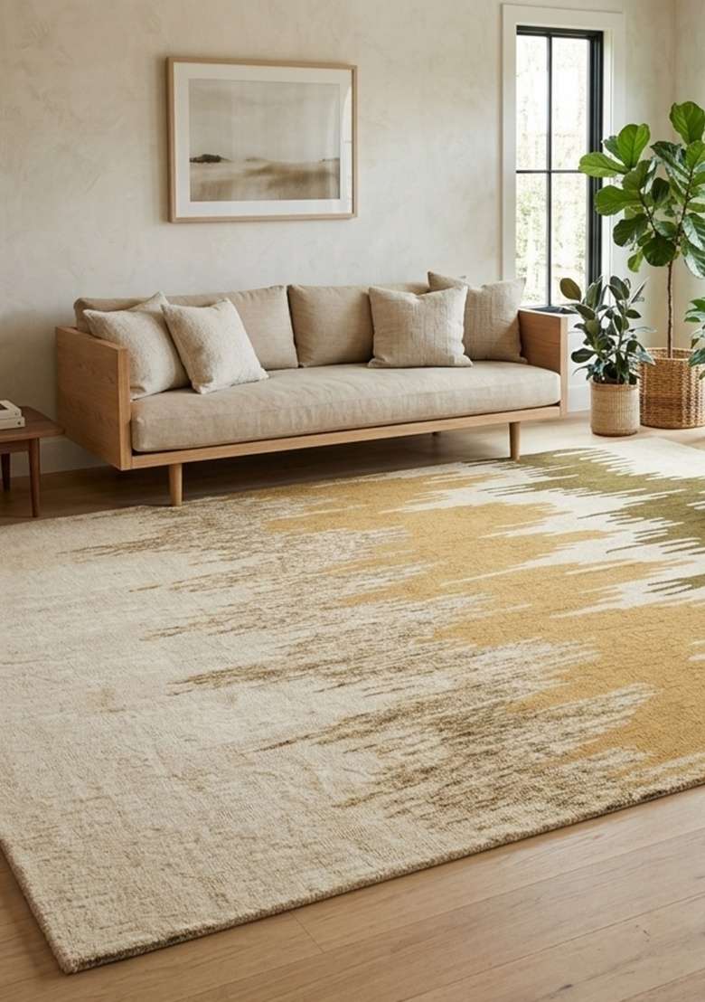 Saffron Rugs Hand-Tufted 100% Wool Area Rug | Gold Beige Rectangular Rug | Cotton Backing | Contemporary Geometric Home Decor Carpet for Living Room - Indya