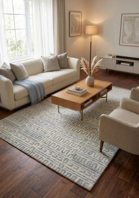 Saffron Rugs Hand Tufted Ivory Blue Geometric Contemporary Rectangular Wool Area Rug