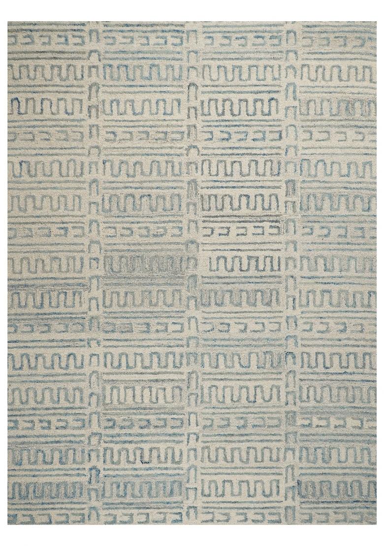 Saffron Rugs Hand Tufted Ivory Blue Geometric Contemporary Rectangular Wool Area Rug - Indya