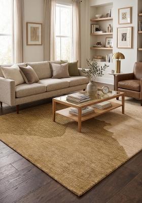Saffron Rugs Hand Tufted Golden Tan Geometric Contemporary Rectangular Wool Area Rug