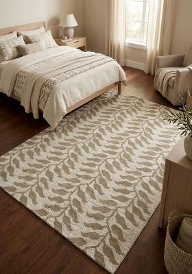 Saffron Rugs Hand Tufted Tan Beige Leaf Contemporary Rectangular Wool Area Rug