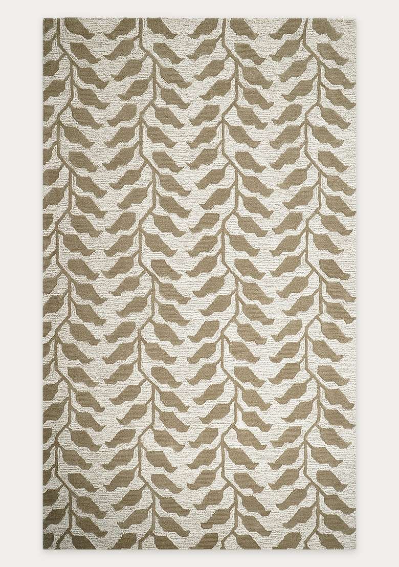 100% Wool Handmade Tan Beige Rug | Contemporary Leaf Carpet With Cotton Backing For Living Room - Indya