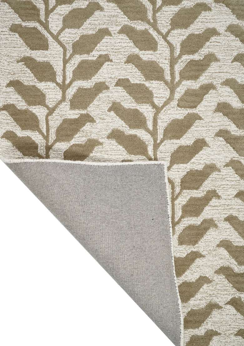 100% Wool Handmade Tan Beige Rug | Contemporary Leaf Carpet With Cotton Backing For Living Room - Indya