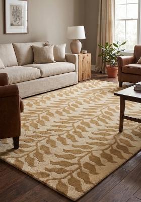 Saffron Rugs Hand Tufted Beige Gold Leaf Contemporary Rectangular Wool Area Rug