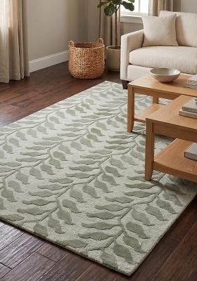 Saffron Rugs Hand Tufted Sage Green Leaf Contemporary Rectangular Wool Area Rug
