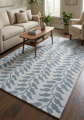 Saffron Rugs Hand Tufted Steel Blue Grey Leaf Contemporary Rectangular Wool Area Rug