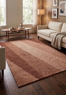 Saffron Rugs Hand Tufted Terracotta Brown Striped Contemporary Rectangular Wool Area Rug