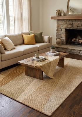 Saffron Rugs Hand Tufted Tan Beige Striped Contemporary Rectangular Wool Area Rug