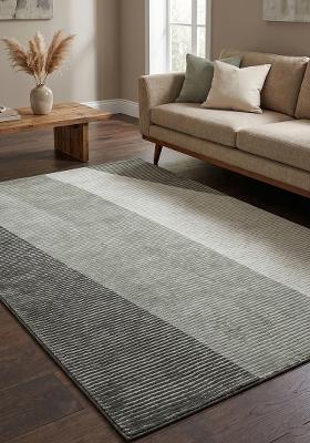 Saffron Rugs Hand Tufted Sage Grey Green Striped Contemporary Rectangular Wool Area Rug