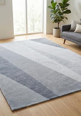 Saffron Rugs Hand Tufted Steel Blue Grey Striped Contemporary Rectangular Wool Area Rug