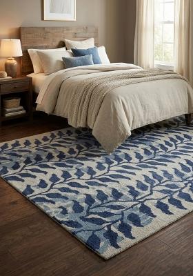 Saffron Rugs Hand Tufted Navy Blue Leaf Contemporary Rectangular Wool Area Rug