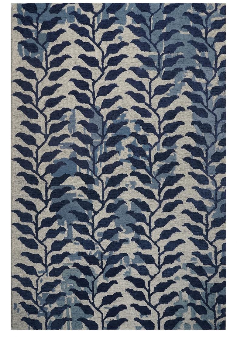 Saffron Rugs Hand Tufted Navy Blue Leaf Contemporary Rectangular Wool Area Rug - Indya