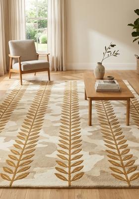 Saffron Rugs Hand Tufted Gold Brown Leaf Contemporary Rectangular Wool Area Rug