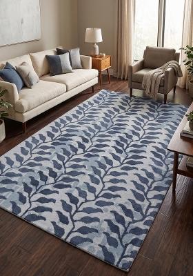 Saffron Rugs Hand Tufted Steel Blue Leaf Contemporary Rectangular Wool Area Rug