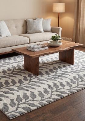 Saffron Rugs Hand Tufted Cream and Grey Leaf Contemporary Rectangular Wool Area Rug