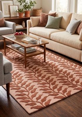 Saffron Rugs Hand Tufted Terracotta Pink Leaf Contemporary Rectangular Wool Area Rug