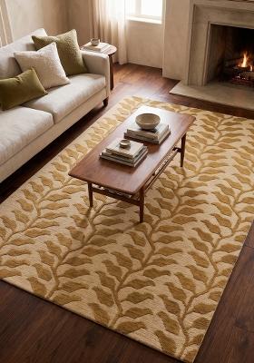 Saffron Rugs Hand Tufted Golden Beige Leaf Contemporary Rectangular Wool Area Rug